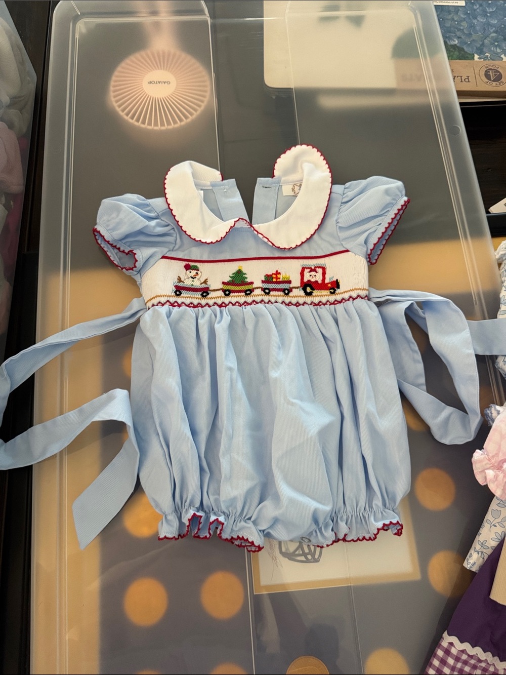 Light Blue Smocked Baby Bubble with Holiday Train